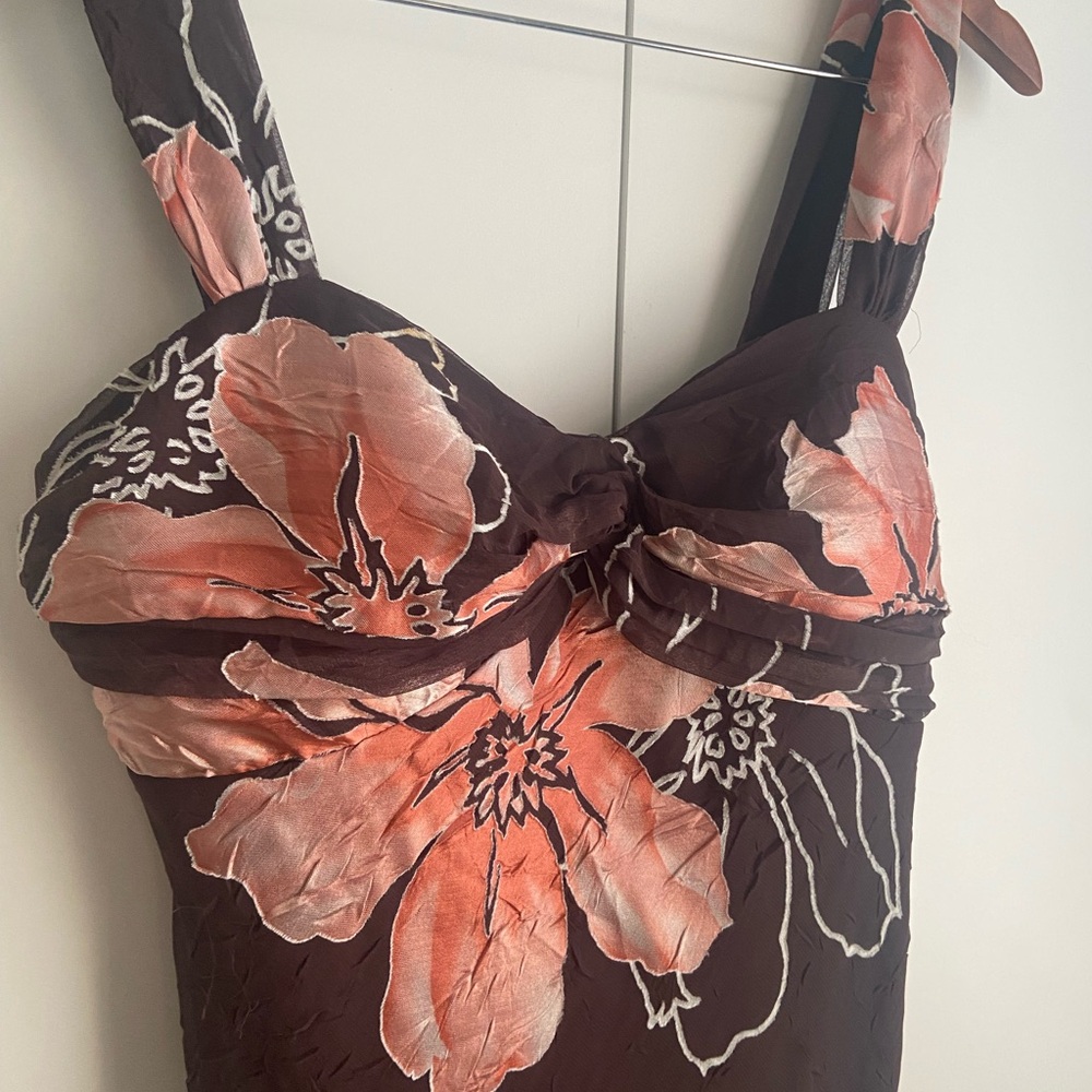 BROWN & PINK FLORAL RUFFEL MIDI DRESS